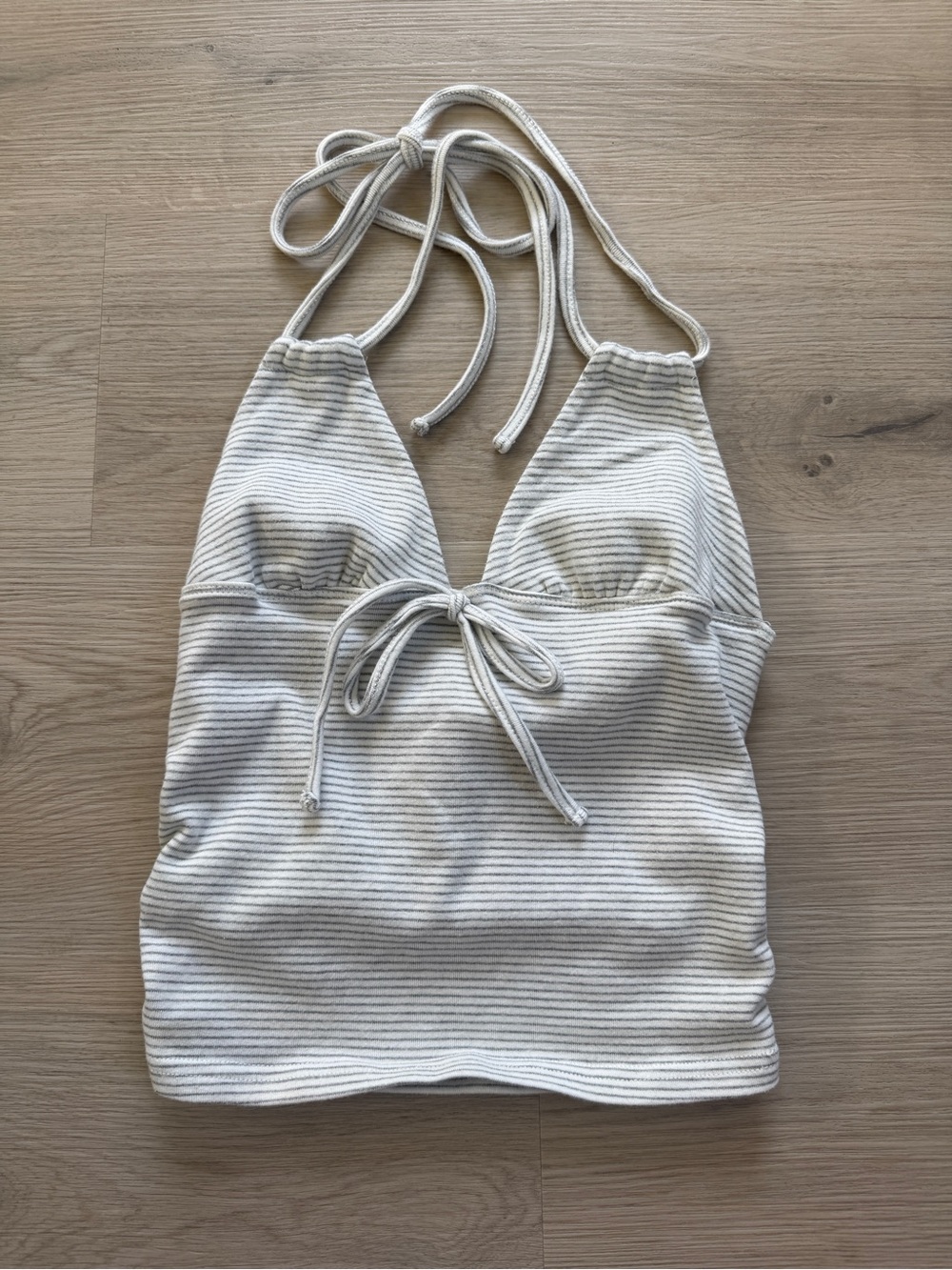Edikted Cream and Light Gray Striped Halter Tie-Front Camisole